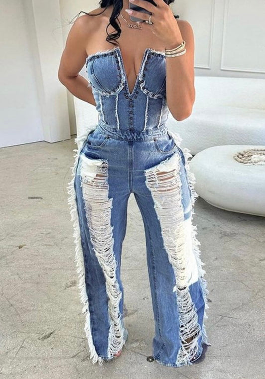 RIPPED DENIM STRAPLESS JUMPSUIT